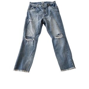 Avec Les Filles Med Wash Distressed Straight Leg Sz 31 button fly beach boho